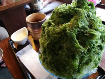 High angle view of tea served on table