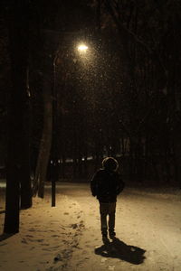 Rear view of man walking on street at night during winter