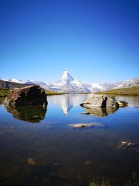 Scenic view of lake against clear blue sky