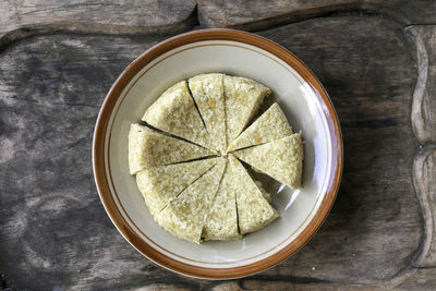 High angle view of food in bowl on table