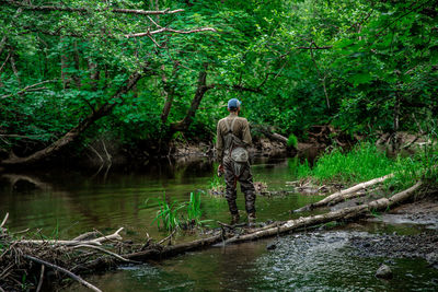 Rear view of man standing in forest