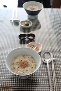 High angle view of breakfast on table