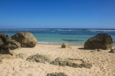 Scenic view of sea against clear blue sky