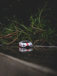 High angle view of toy car on field