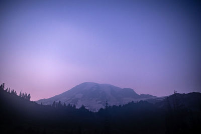 Scenic view of silhouette mountains against clear sky at dusk