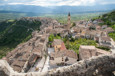 High angle view of old ruins against sky