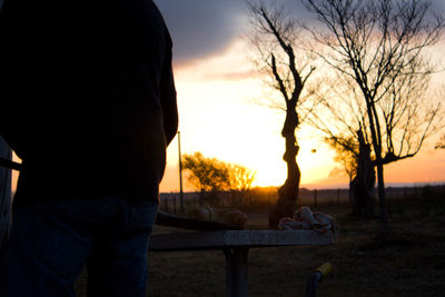 Rear view of silhouette man standing on table against sky during sunset