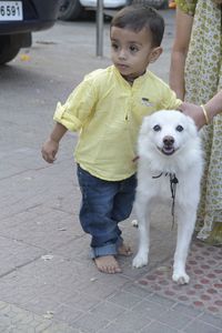 Portrait of cute dog on footpath with a cute little boy, standing beside the dog