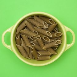 High angle view of pasta in bowl on table