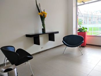 Potted plant on table by empty chair