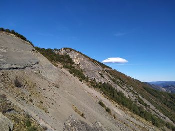 Scenic view of mountains against blue sky