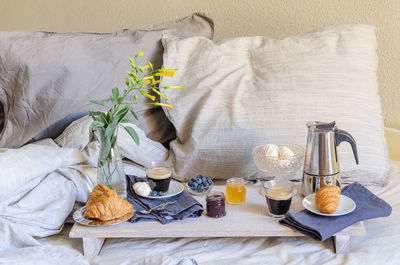 High angle view of breakfast on table