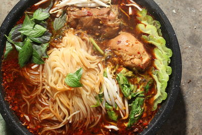 High angle view of soup in bowl