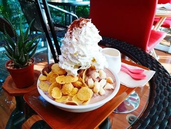 Close-up of dessert served on table