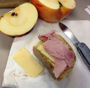 High angle view of breakfast on table