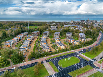 Aerial photo of the finest of ockenburgh project in the hague where all the roofs with solar panels.