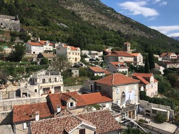 High angle view of houses in town