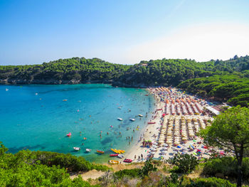 High angle view of sea against clear sky