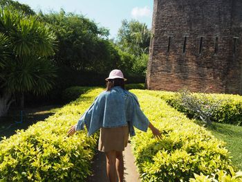 Rear view of woman walking by plants