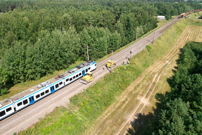 High angle view of train passing through forest