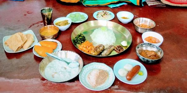 High angle view of food served on table