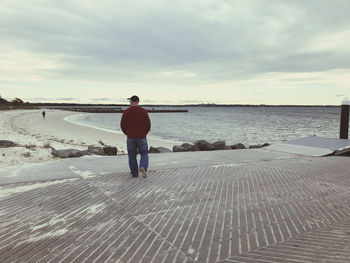 Rear view of man standing on beach against sky