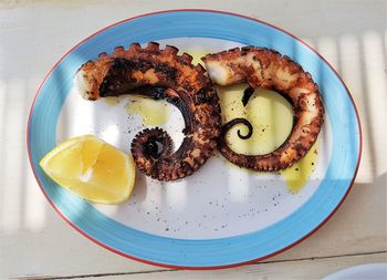 High angle view of food in plate on table