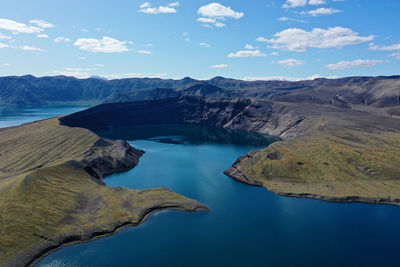 Scenic view of lake against cloudy sky