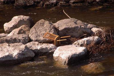 High angle view of rocks on lake