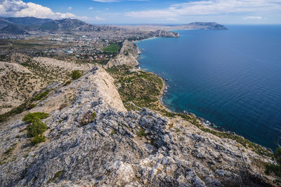 Scenic panoramic view towards kapsel valley and cape meganom, alchak, near sudak in crimea