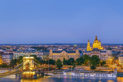 View of budapest with st. stephen's basilica and szechenyi chain bridge at dusk, hungary