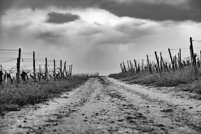 Dirt road amidst field against sky