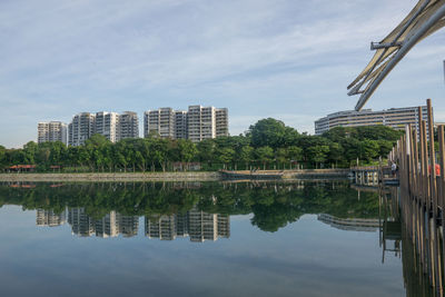 Reflection of buildings and trees in lake against sky