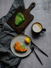 High angle view of breakfast on table