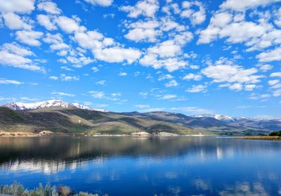 Scenic view of lake and mountains against sky