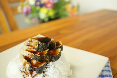 Close-up of dessert in plate on table