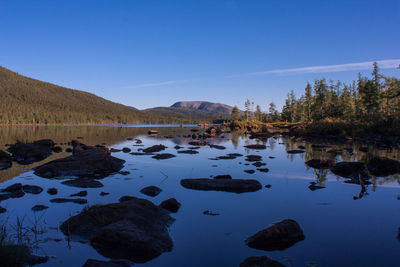 Scenic view of lake against clear blue sky