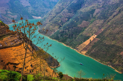 High angle view of land and mountains