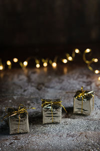 Close-up of christmas decorations on table