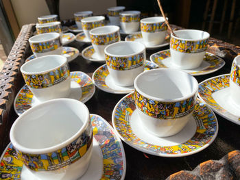 High angle view of tea cups on table