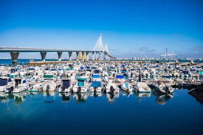 Boats moored in marina bay