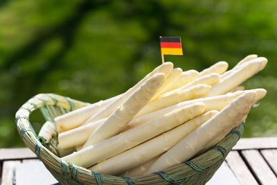 Close-up of food in wicker basket on table