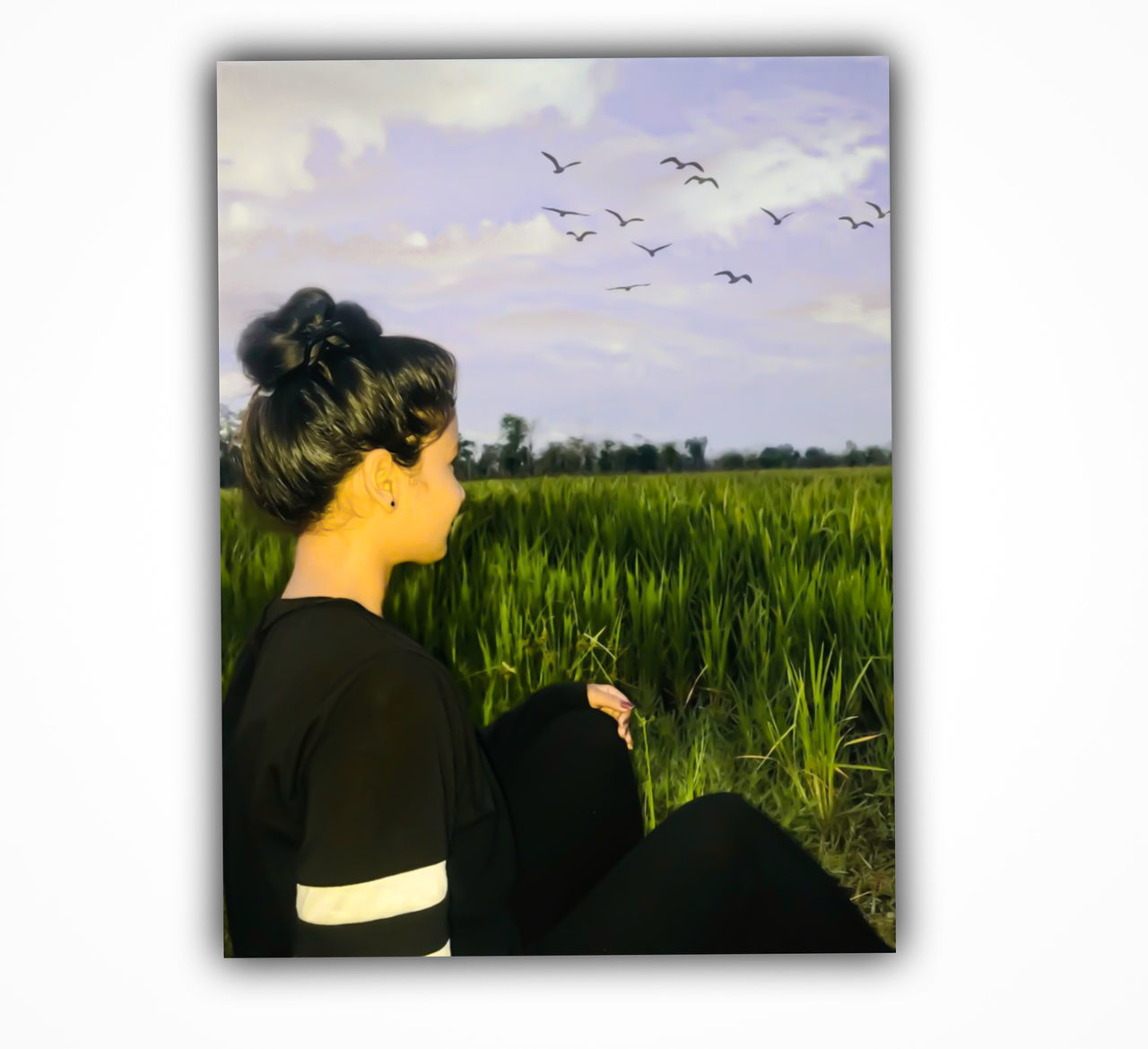 one person, adult, nature, plant, women, sky, picture frame, grass, looking, technology, young adult, side view, art, outdoors, sitting, land, landscape, field, person, environment, beauty in nature, painting