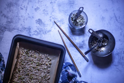 High angle view of food on table