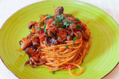 High angle view of noodles in bowl on table