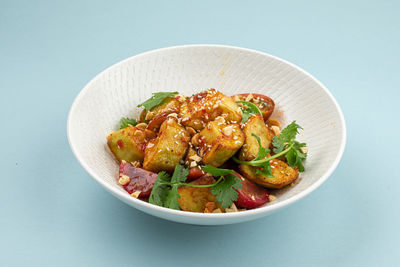 High angle view of food in bowl on table