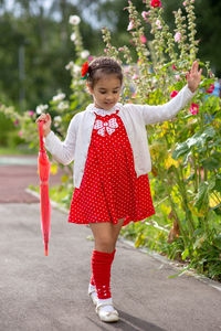 A cute little girl walks in a red dress and white blouse with a pink folded umbrella on a summer day