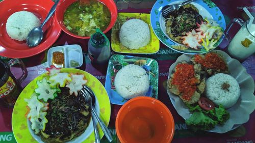 High angle view of meal served on table