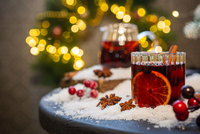 Close-up of christmas decorations on table