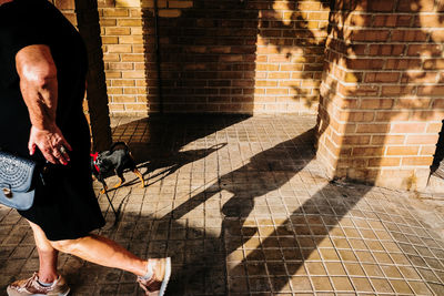 Low section of man with shadow on wall
